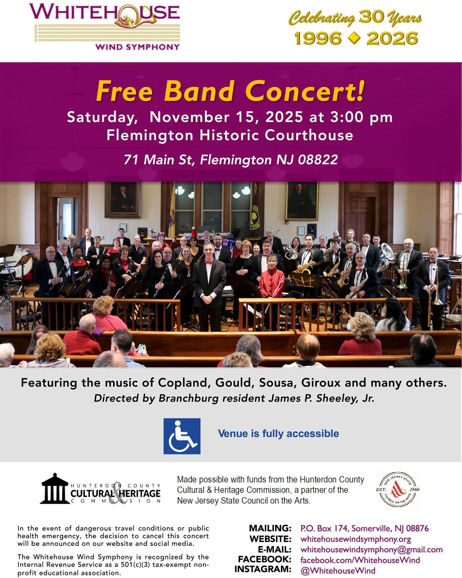 A flyer for the Whitehouse Wind Symphony concert.